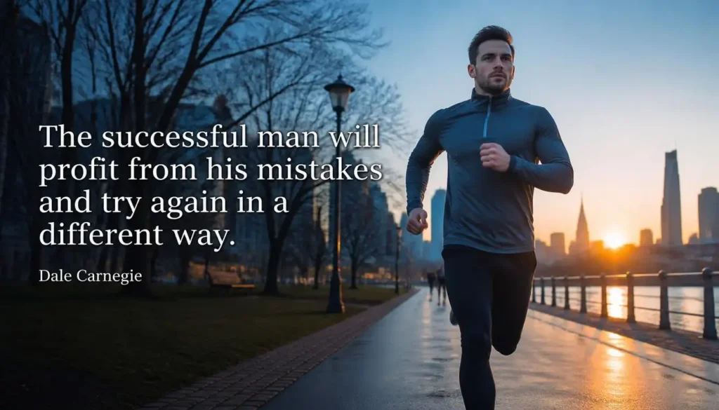 Man running at sunrise, profit from mistakes quote for men