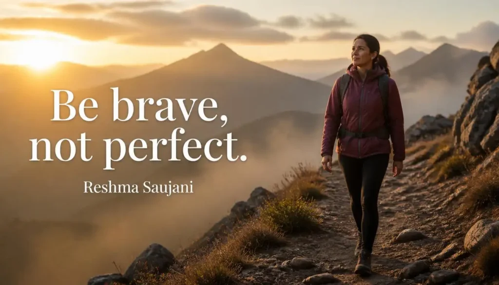 Woman hiking misty mountain trail, be brave not perfect quote for women
