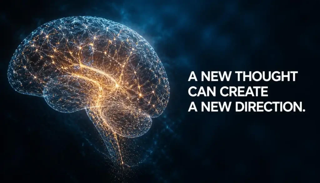 Scientific brain visualization with neural pathways and a motivational quote about changing thoughts.