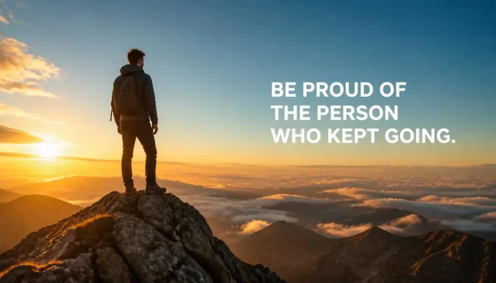 Person on a mountain summit with a motivational quote about celebrating personal progress.