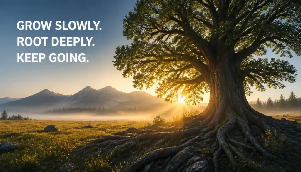 Ancient tree in a misty meadow with a motivational quote inspired by nature and personal growth.