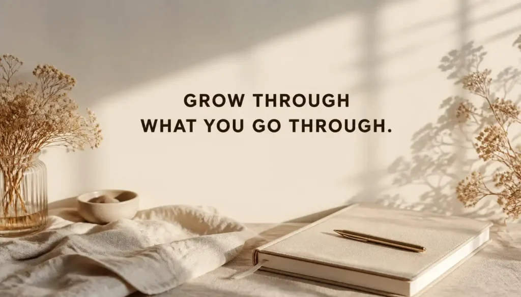 Minimal journal and dried flowers with an aesthetic motivational quote about personal growth.