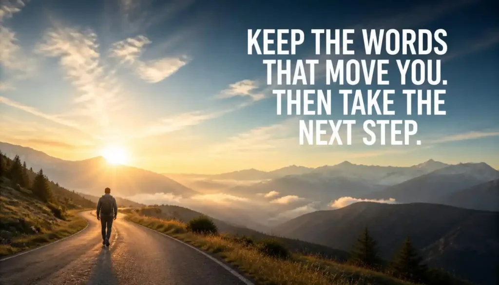 Person walking toward a mountain sunrise with a motivational quote about taking the next step.