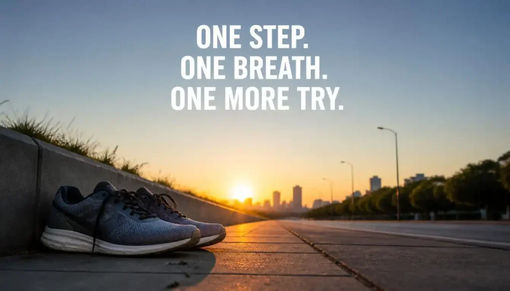 Running shoes on a quiet morning street with a short motivational quote for tough days.