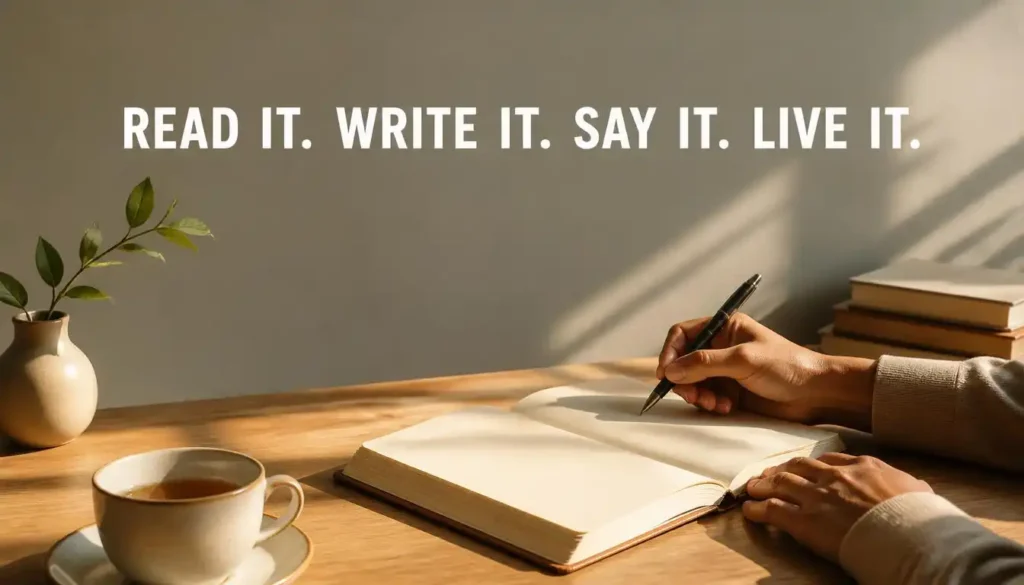 Person writing in a journal with a motivational quote about actively using inspiring words.