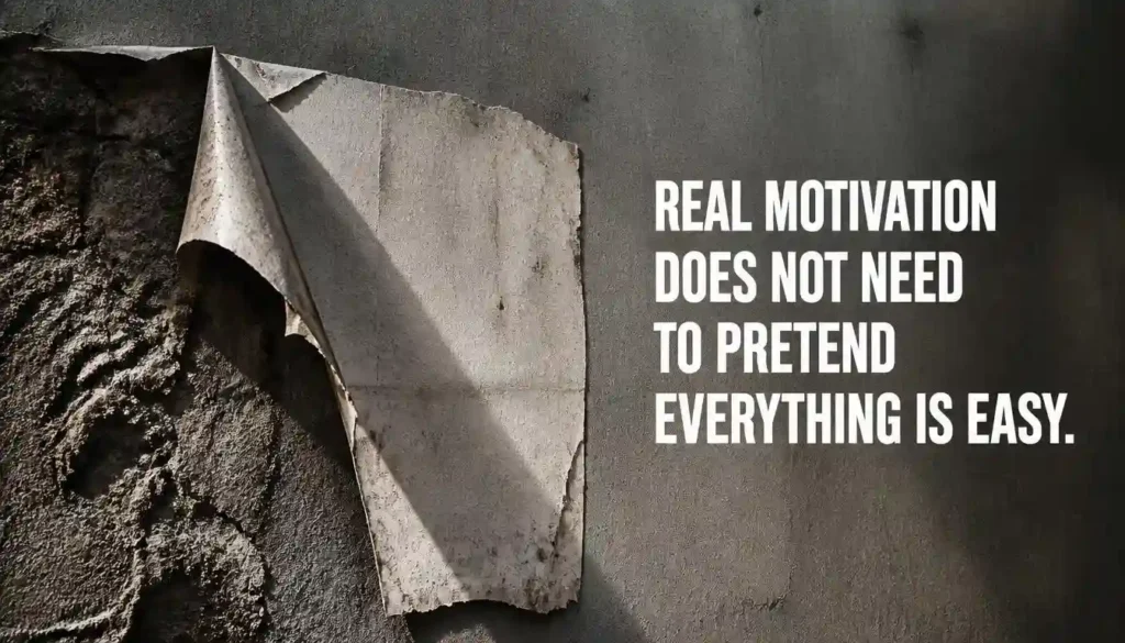 Weathered motivational poster symbolizing authentic motivation instead of empty positivity.