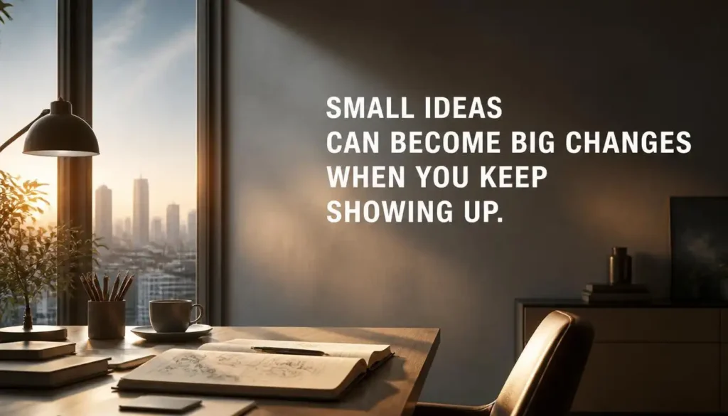 Minimal creative workspace with a motivational quote about consistency and meaningful change.