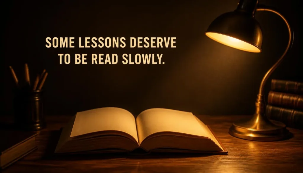 Open book under warm reading light with a motivational quote about reflection and learning.