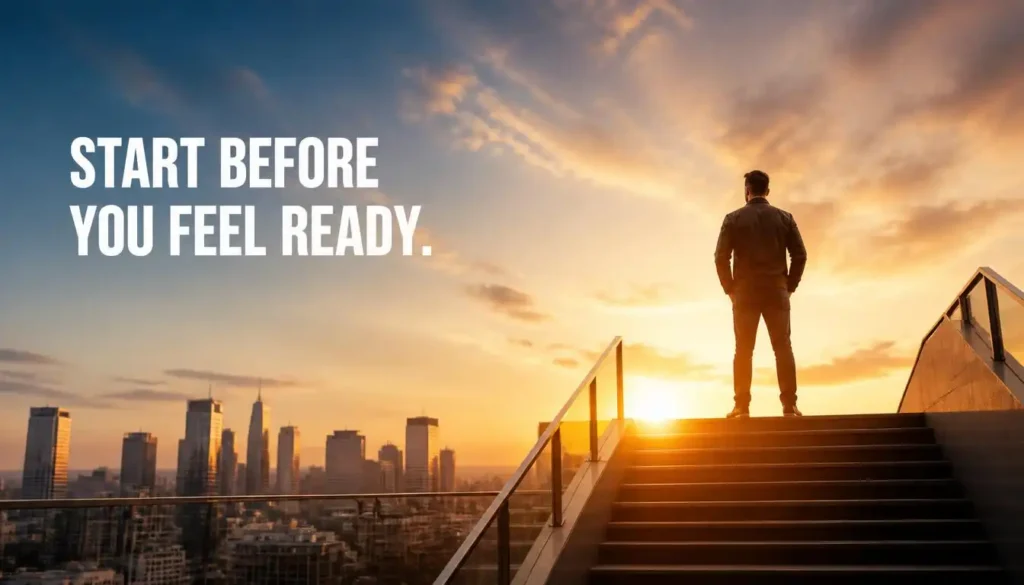 Confident person overlooking a city sunrise with a motivational quote about taking action.