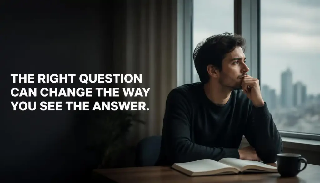 Thoughtful person with a notebook and motivational quote about questions and perspective.