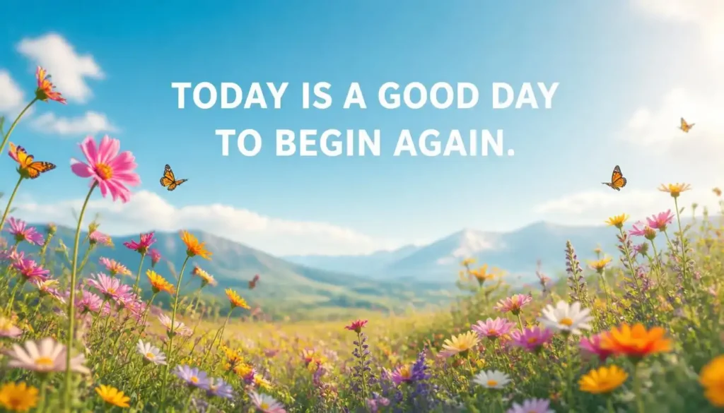 Colorful spring meadow with a cheerful motivational quote about starting fresh.