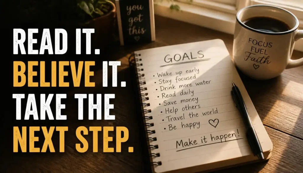 Inspirational quote about taking the next step beside a notebook with goals and morning coffee