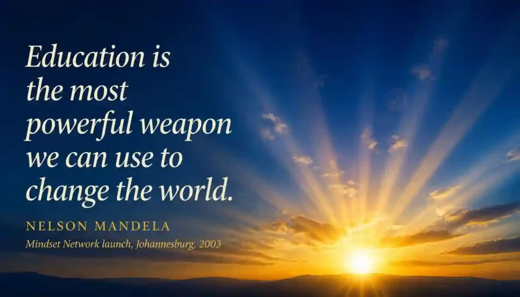 Nelson Mandela education quote: education is the most powerful weapon we can use to change the world, on a golden sunburst