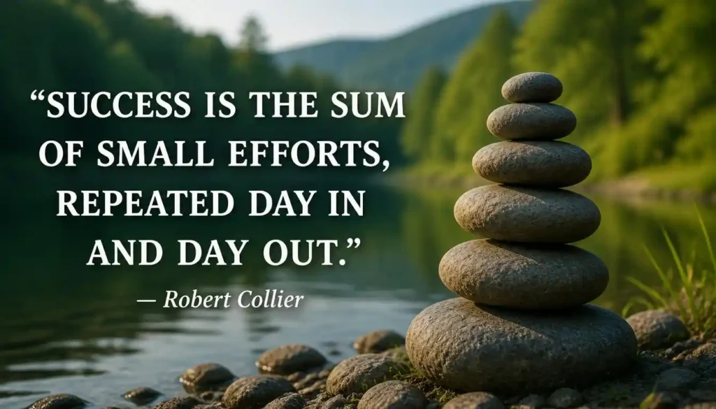 Success is the sum of small efforts quote with stacked stones in a peaceful natural setting