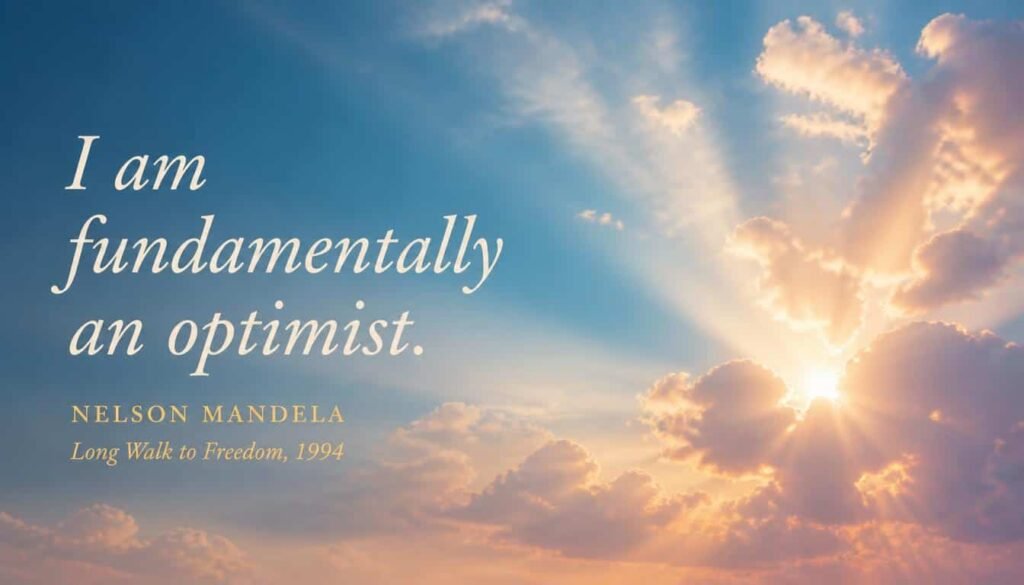 Nelson Mandela hope quote: I am fundamentally an optimist, with sunbeams breaking through soft clouds