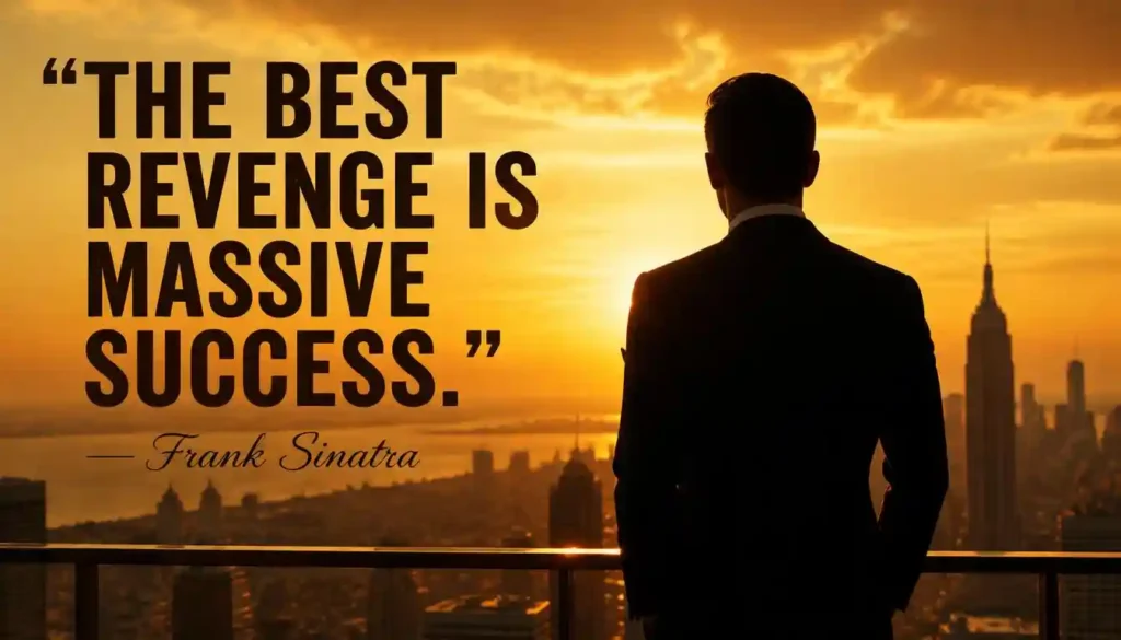The best revenge is massive success quote with a person overlooking a city at sunset