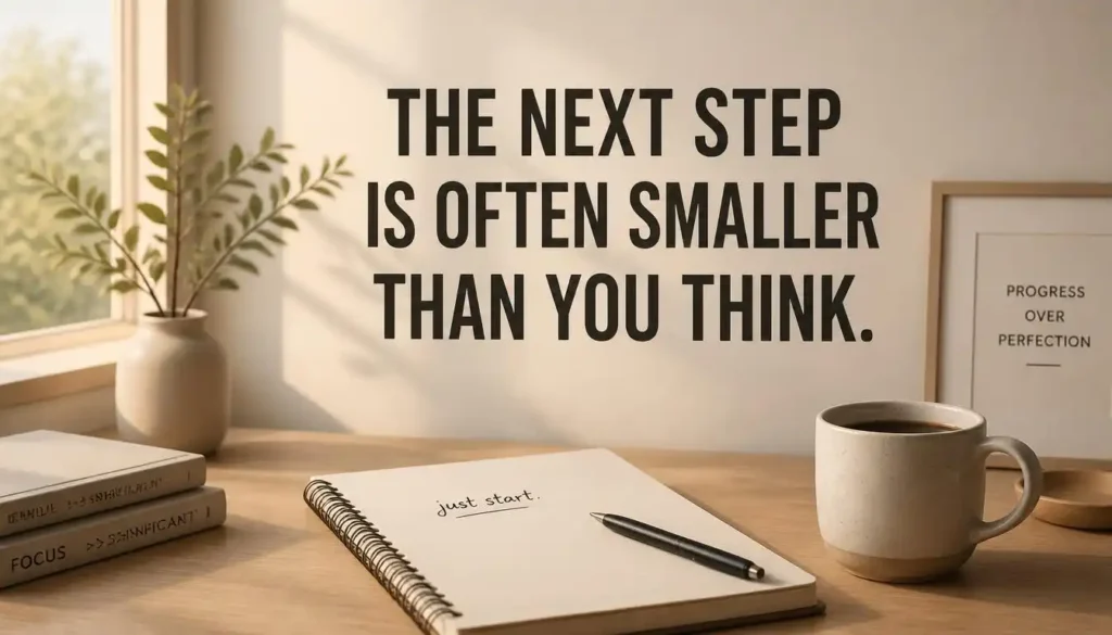 Inspirational quote about taking the next step on a notebook beside coffee and morning light