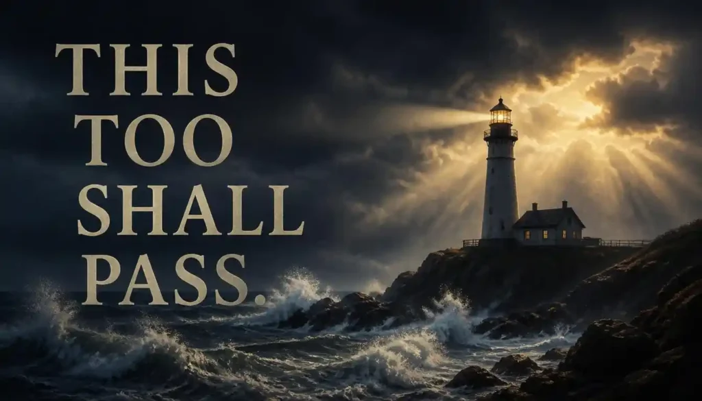 This too shall pass motivational quote with a lighthouse during a dramatic ocean storm