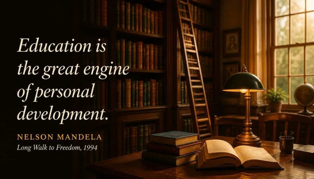 Mandela quote: education is the great engine of personal development, on a warm library bookshelf background