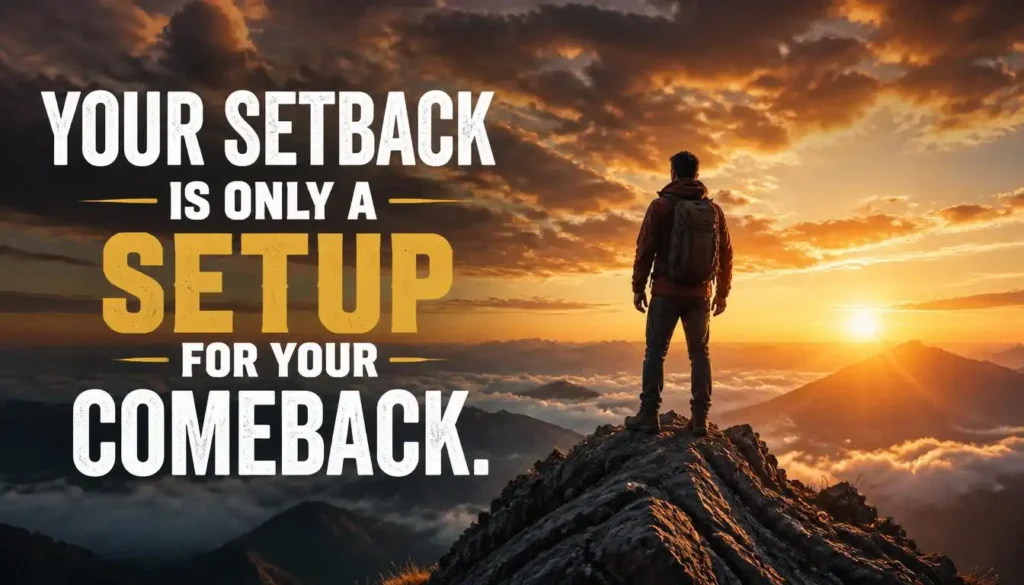 Your setback is only a setup for your comeback quote with a hiker on a mountain peak