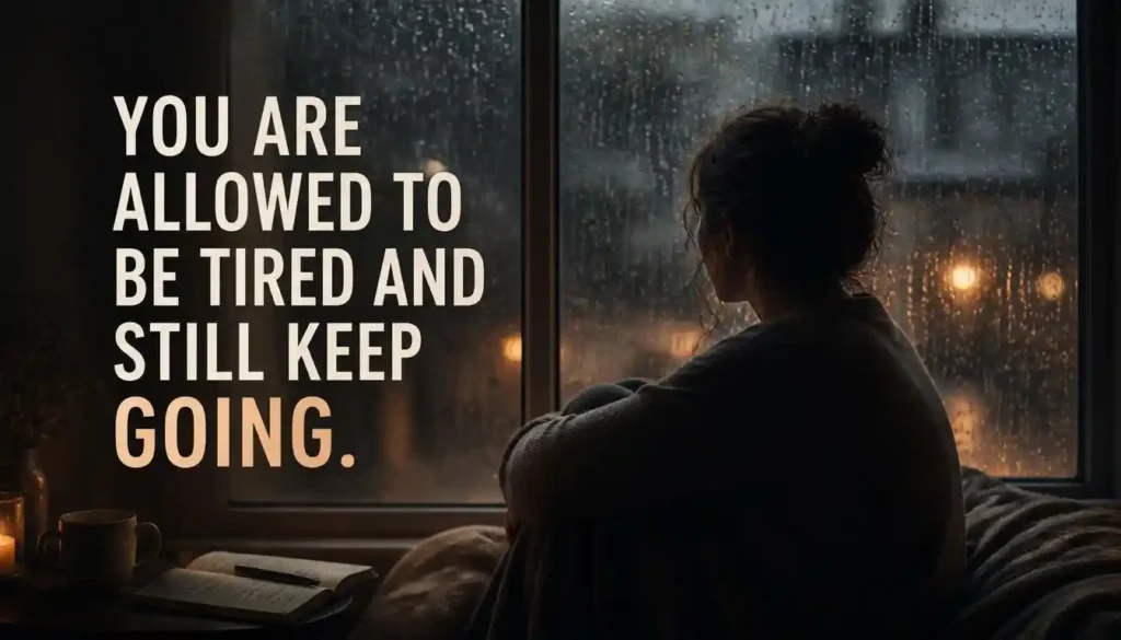 Motivational quote about feeling tired and continuing with a person beside a rainy window