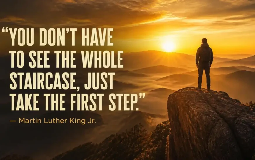 Motivation Quotes to Keep Going with a hiker watching the sunrise from a mountain peak.