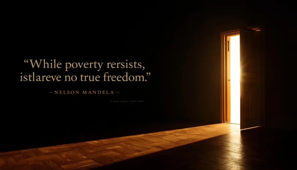 Mandela quote: while poverty persists, there is no true freedom, beside an open door filled with light