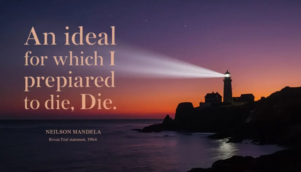 Mandela quote from the Rivonia Trial statement about an ideal for which he was prepared to die, with a lighthouse at dusk