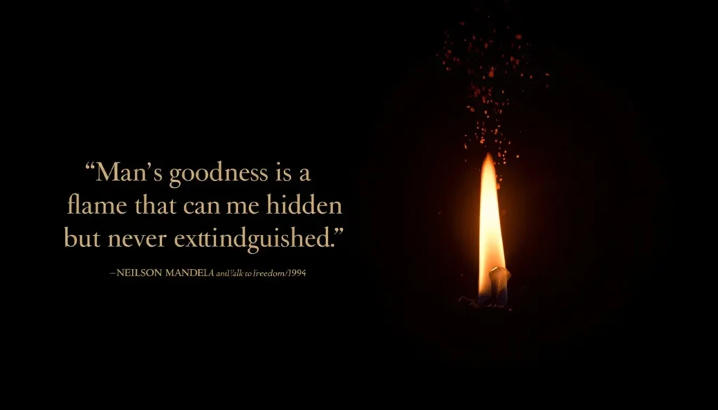 Mandela quote: man's goodness is a flame that can be hidden but never extinguished, with a glowing flame in the dark