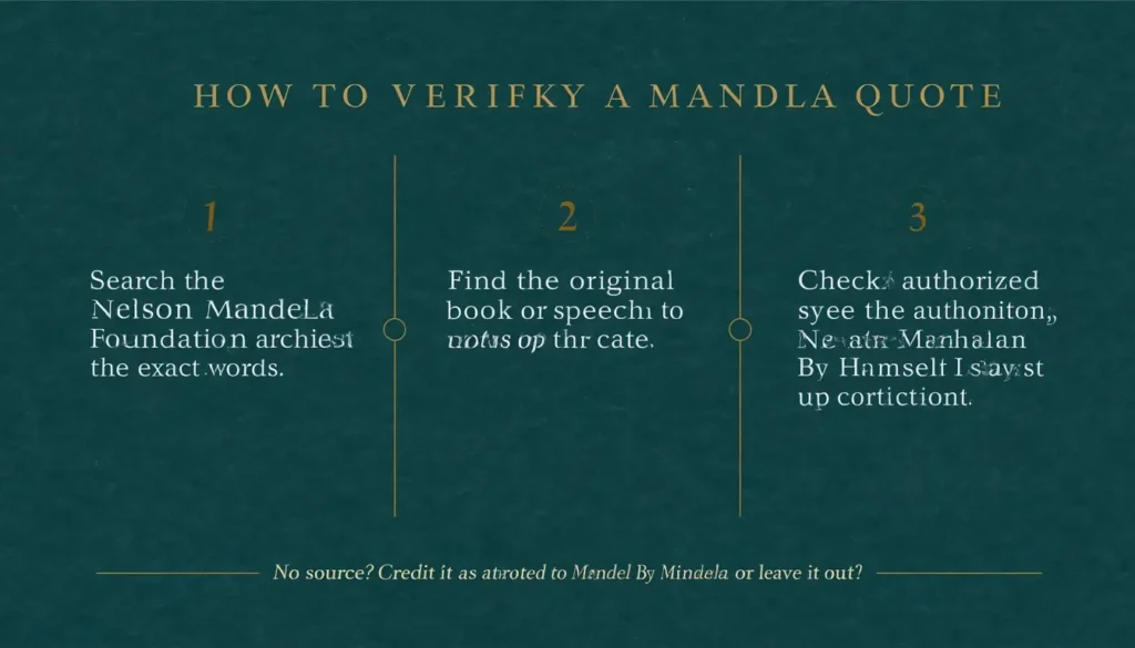 Checklist card showing three steps to verify a Nelson Mandela quote: search the archive, find the source, check the authorized book