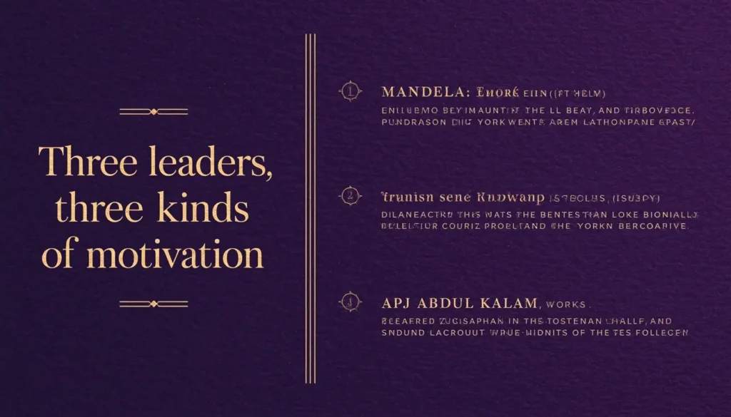 Comparison card of motivation styles: Nelson Mandela, Swami Vivekananda and APJ Abdul Kalam