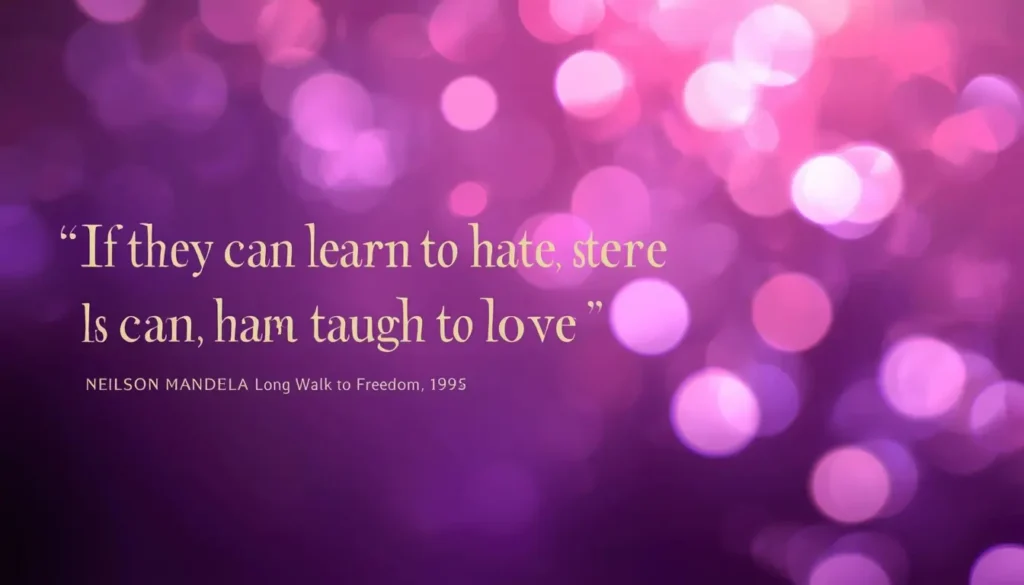 Mandela quote: if they can learn to hate, they can be taught to love, on a purple and pink bokeh background