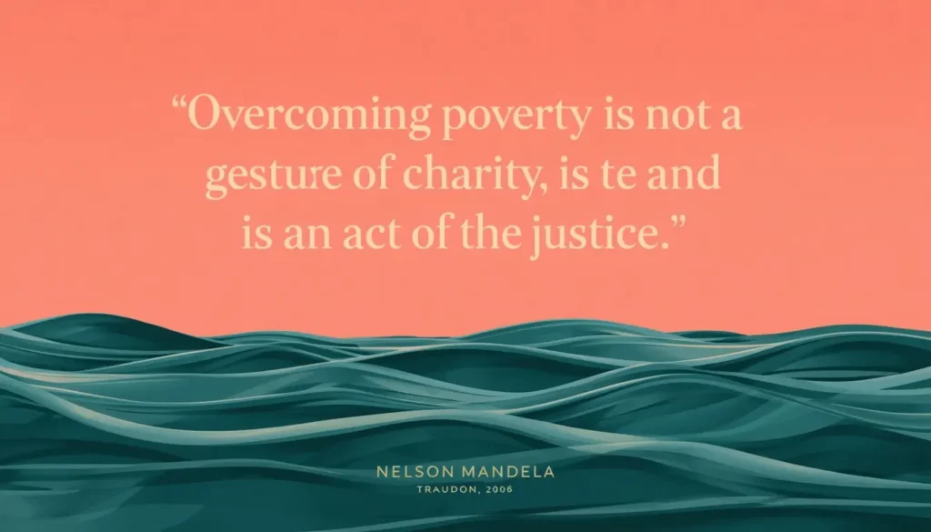 Mandela justice quote: overcoming poverty is not a gesture of charity, it is an act of justice, on teal and coral waves