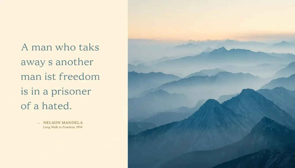 Mandela quote: a man who takes away another man's freedom is a prisoner of hatred, over blue snowy mountains