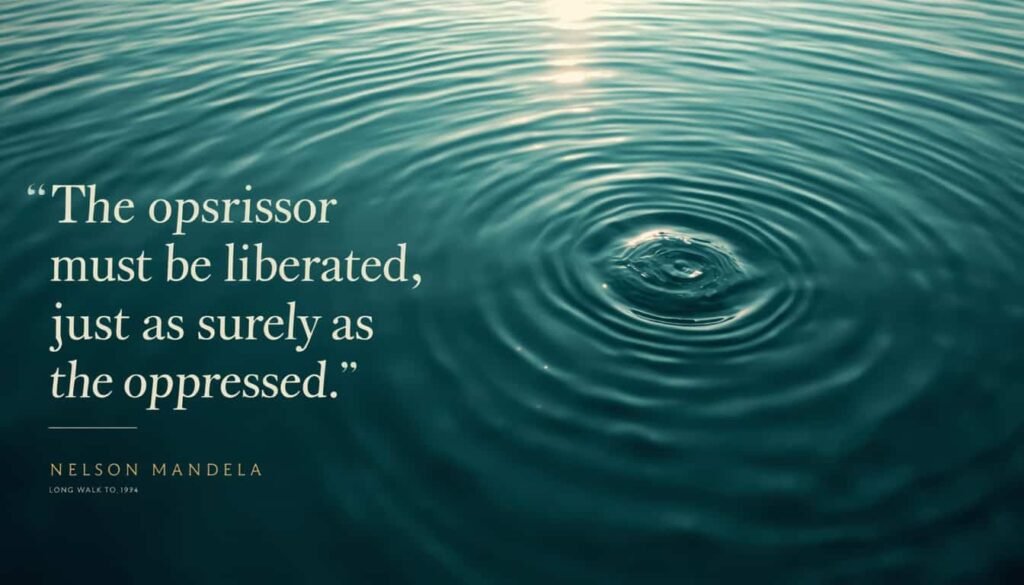 Mandela forgiveness quote: the oppressor must be liberated just as surely as the oppressed, on calm teal ripples
