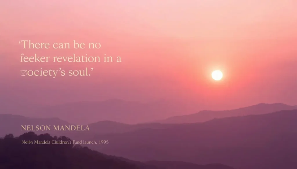 Mandela quote: there can be no keener revelation of a society's soul, over pink hills at sunrise