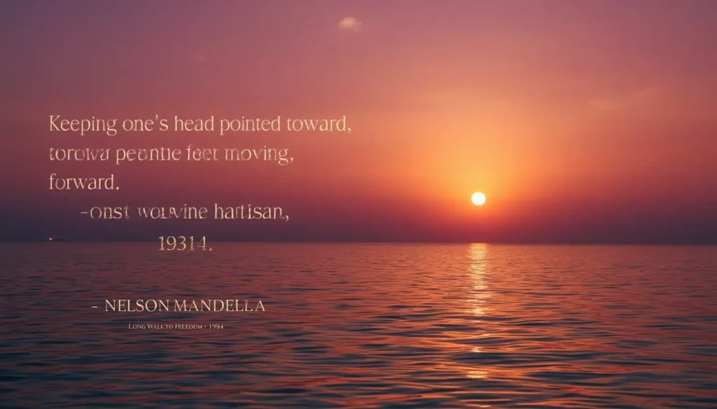 Mandela quote about keeping one's head pointed toward the sun and feet moving forward, over a sunset sea