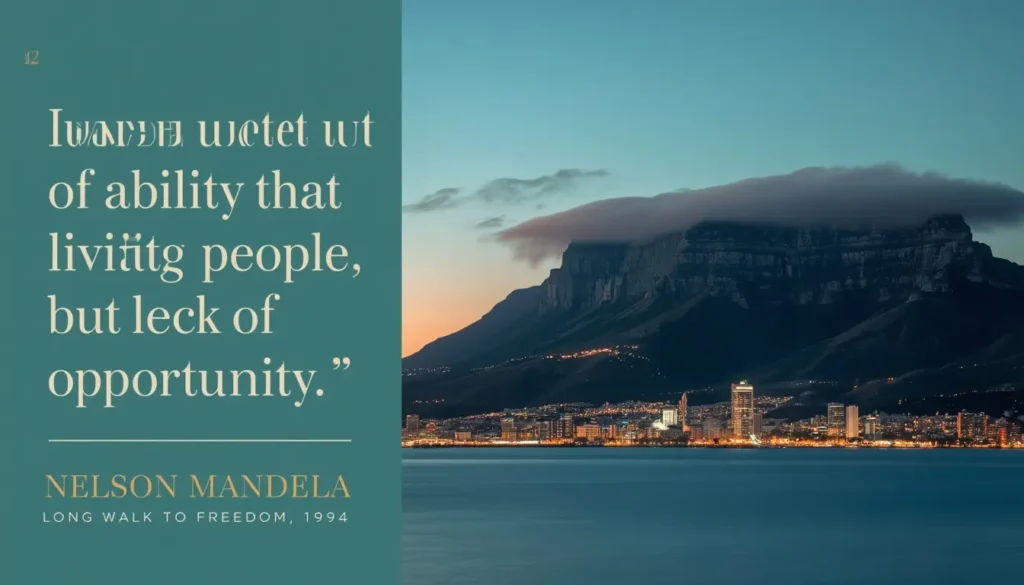 Mandela quote: it was not lack of ability that limited my people, but lack of opportunity, with Table Mountain at dusk