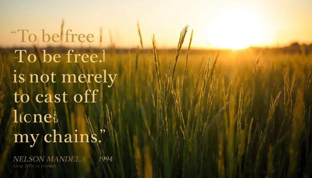 Mandela quote: to be free is not merely to cast off one's chains, over a green field at dawn
